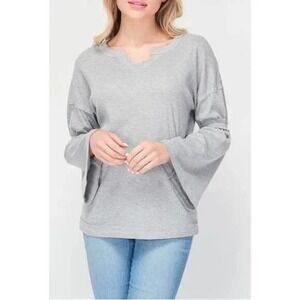 Baea Waffle Knit Flutter Flare Sleeve Timeless Thermal Top T Shirt Gray Size XL